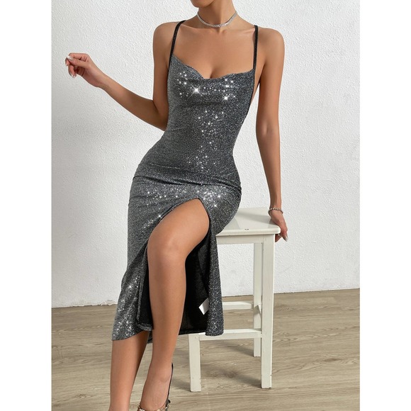 Split Thigh Tie Backless Cami Dress sparkle sage green - Picture 5 of 5